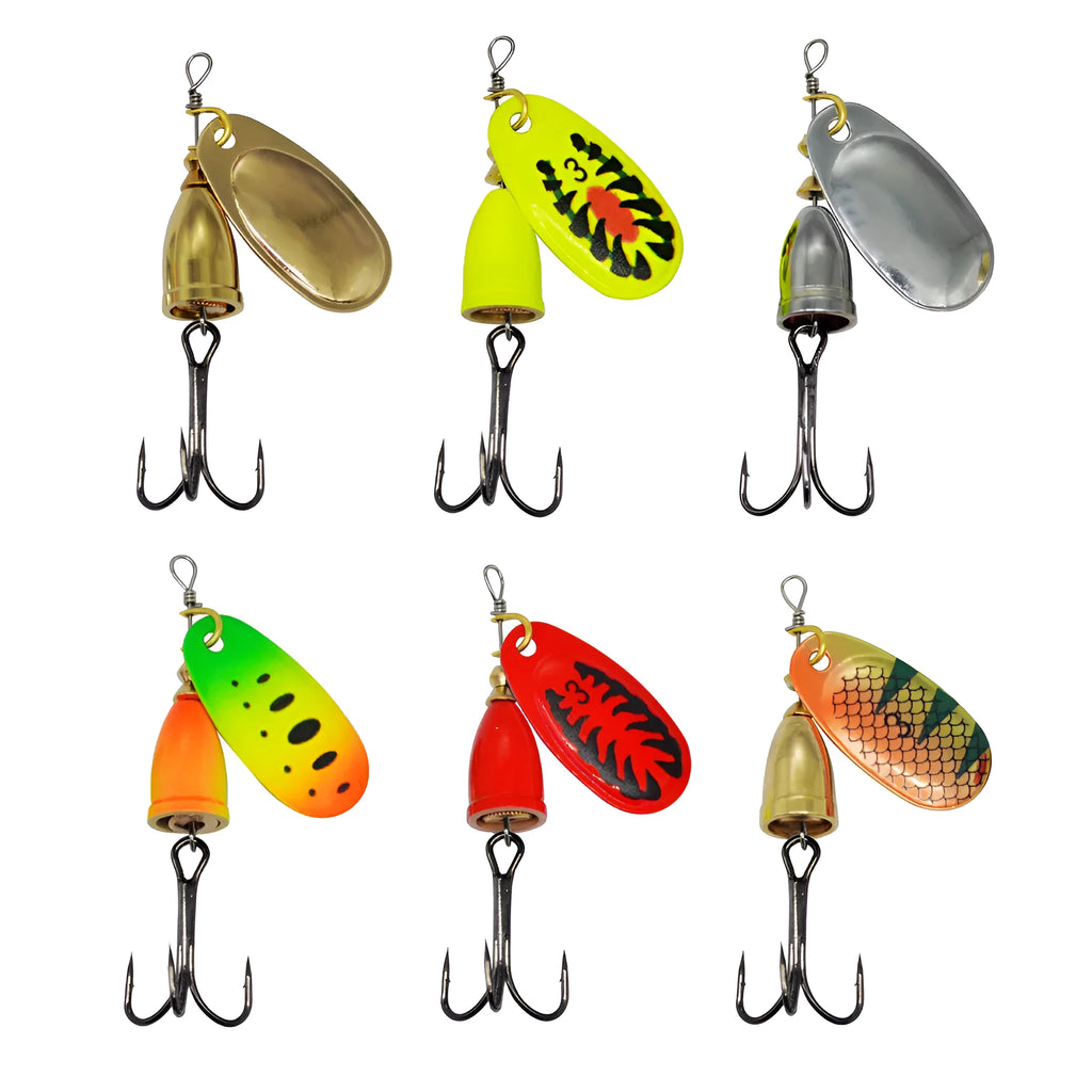 R composite rotating sequins copper bell metal fishing lure in multiple colour options on a white background.