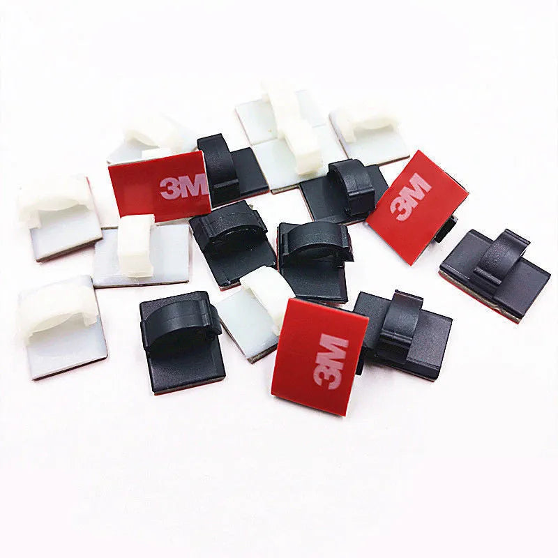Self-adhesive plastic wire clamps for organising car cables in black and white colour options