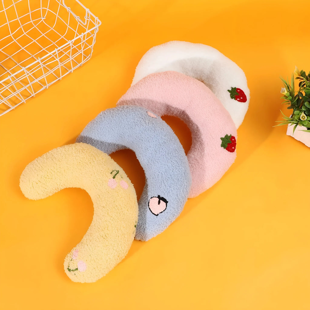 Blue U-shaped half moon pet pillow with cartoon design for dogs and cats