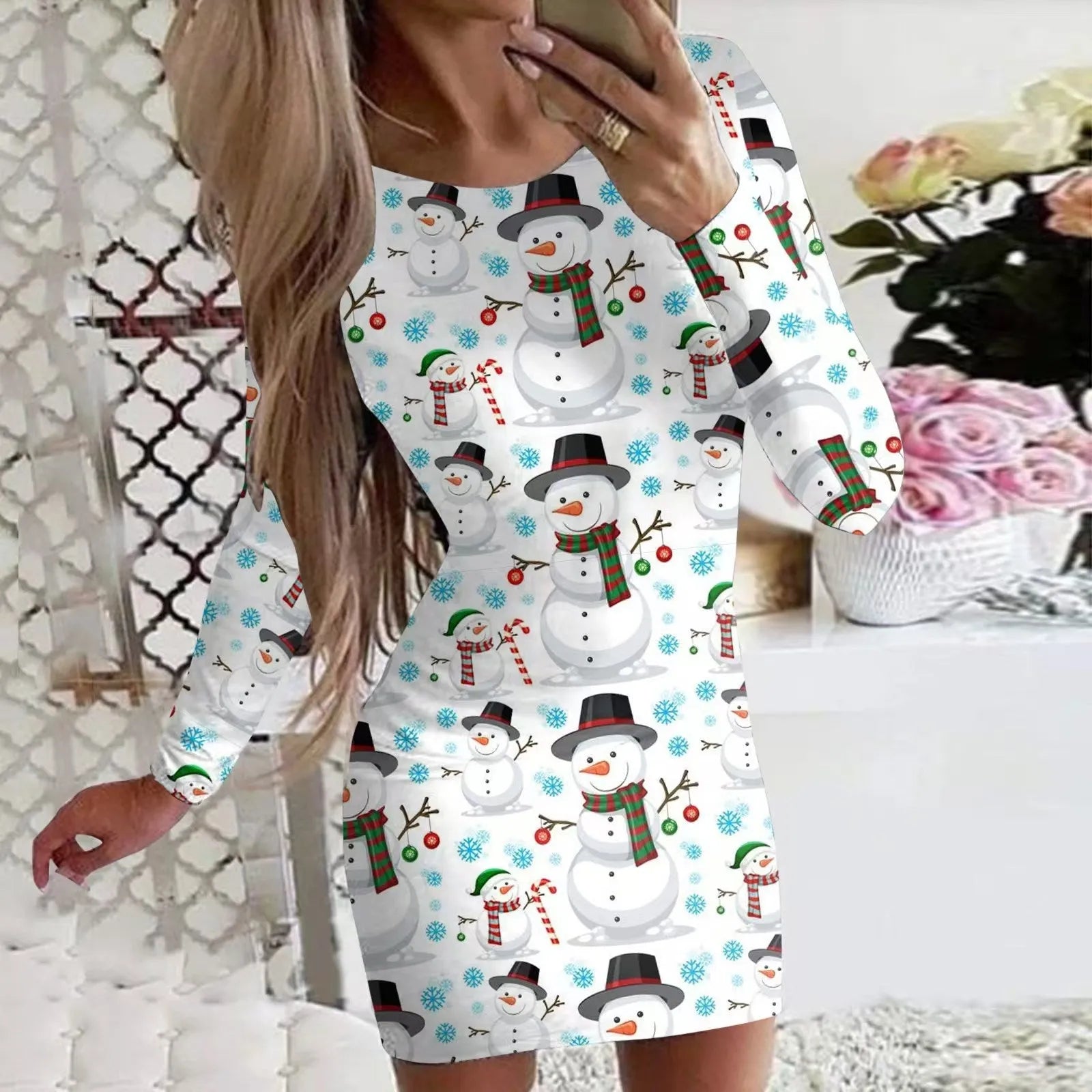 Red printed Christmas dress with animal pattern, round neck, long sleeves, and a tight-fitting hip skirt.