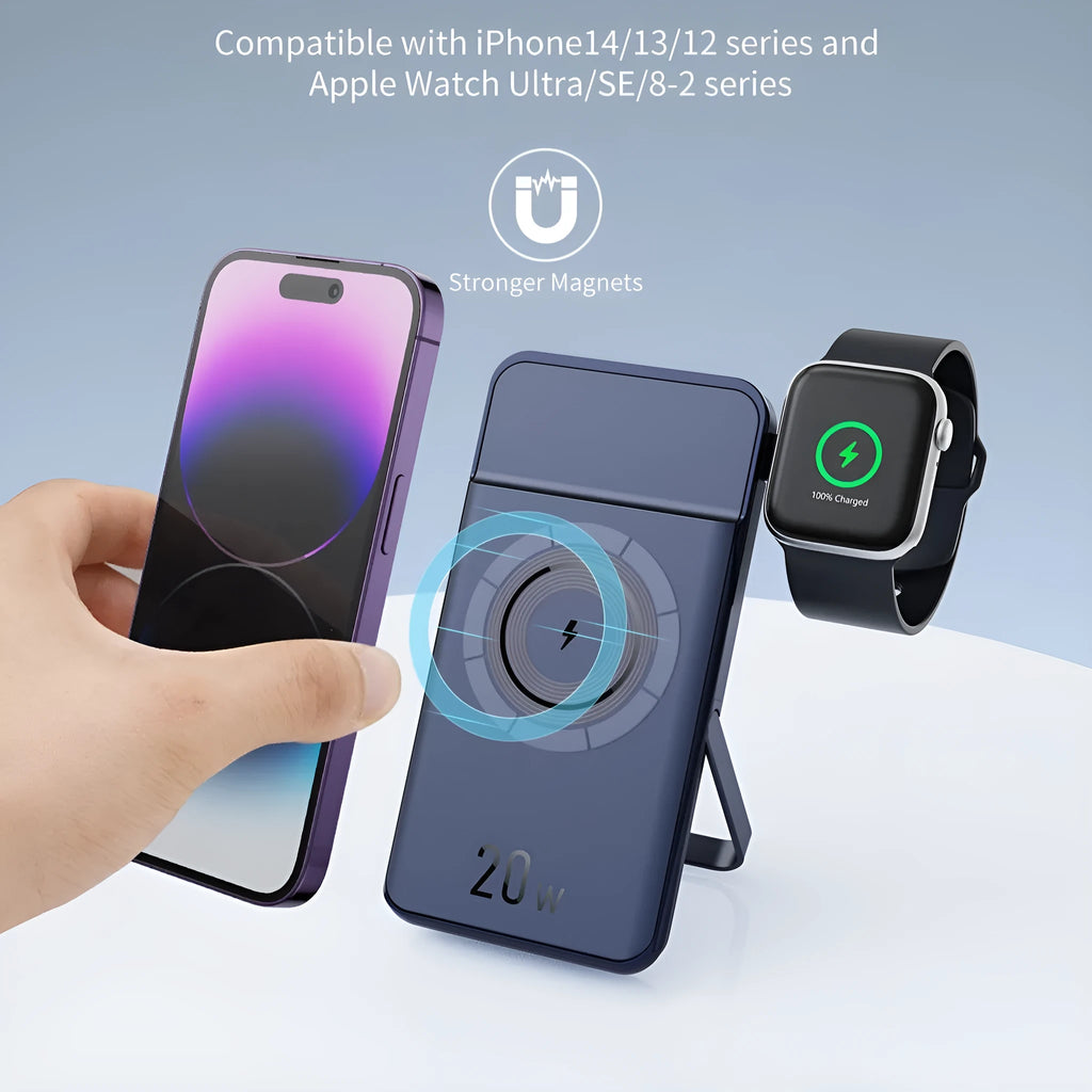 Black industrial style 10000mAh magnetic wireless power bank with bracket