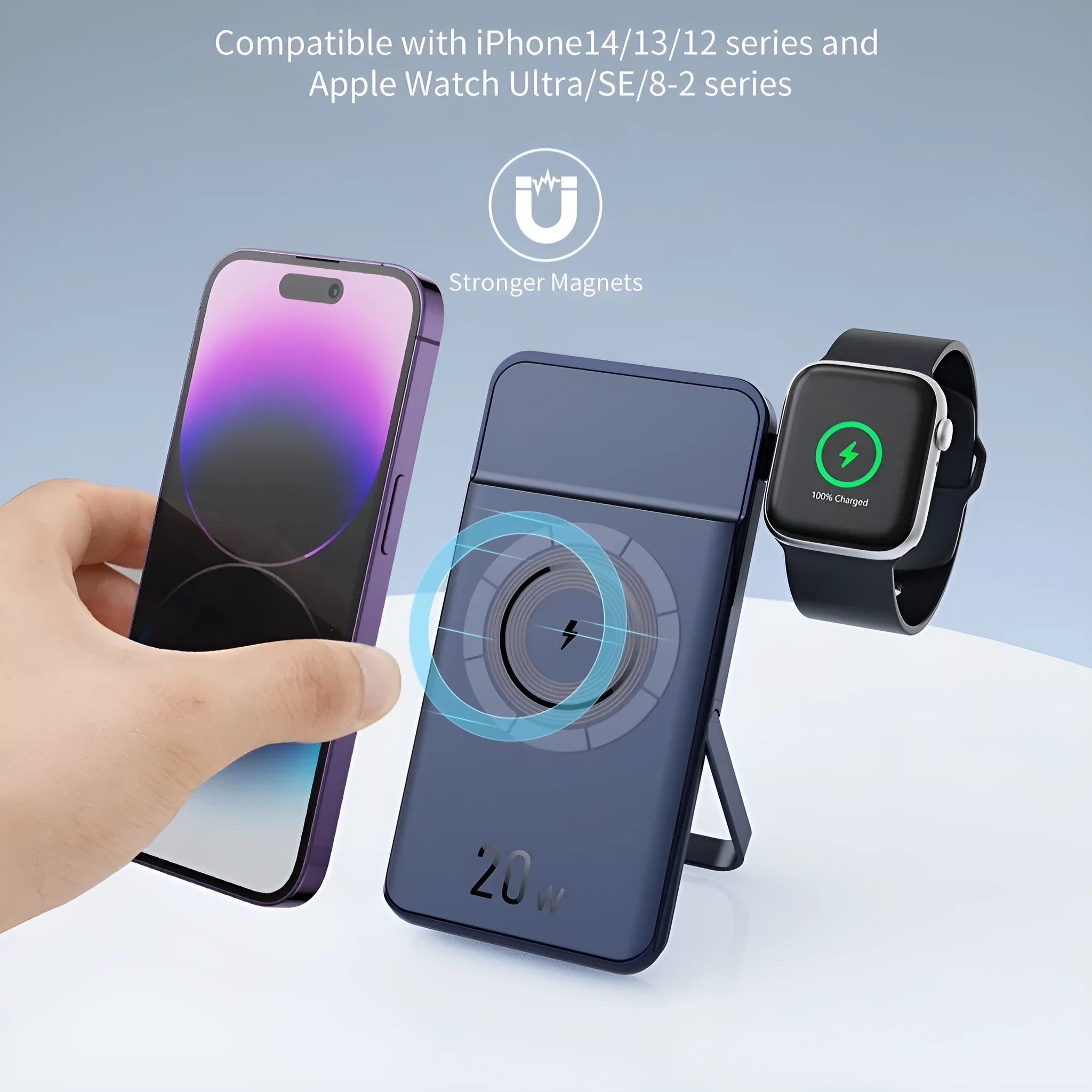 Black industrial style 10000mAh magnetic wireless power bank with bracket