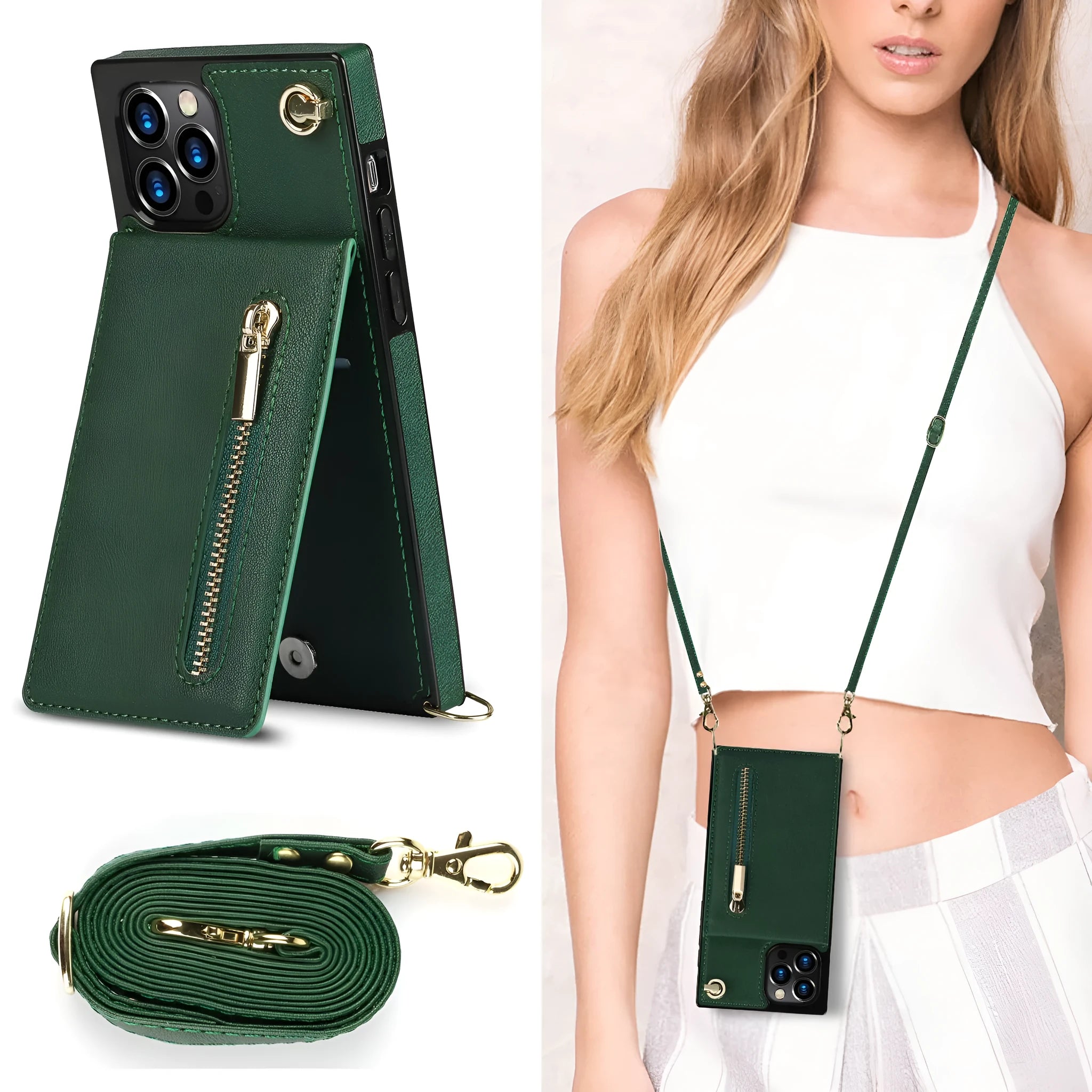 Black leather mobile phone case shown on a smartphone, demonstrating its slim protective design.