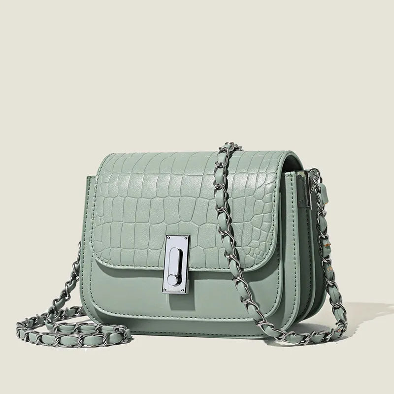 Women's soft PU chain shoulder bag in black, white, or green with internal phone pocket