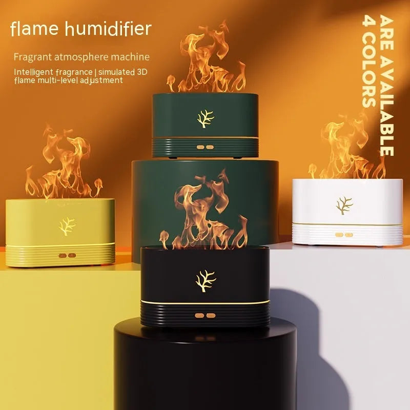 Square black or white USB flame humidifier and aroma diffuser with glowing LED fire effect.
