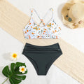Girls floral print two-piece swimsuit set white background with cartoon and Japanese fresh pattern