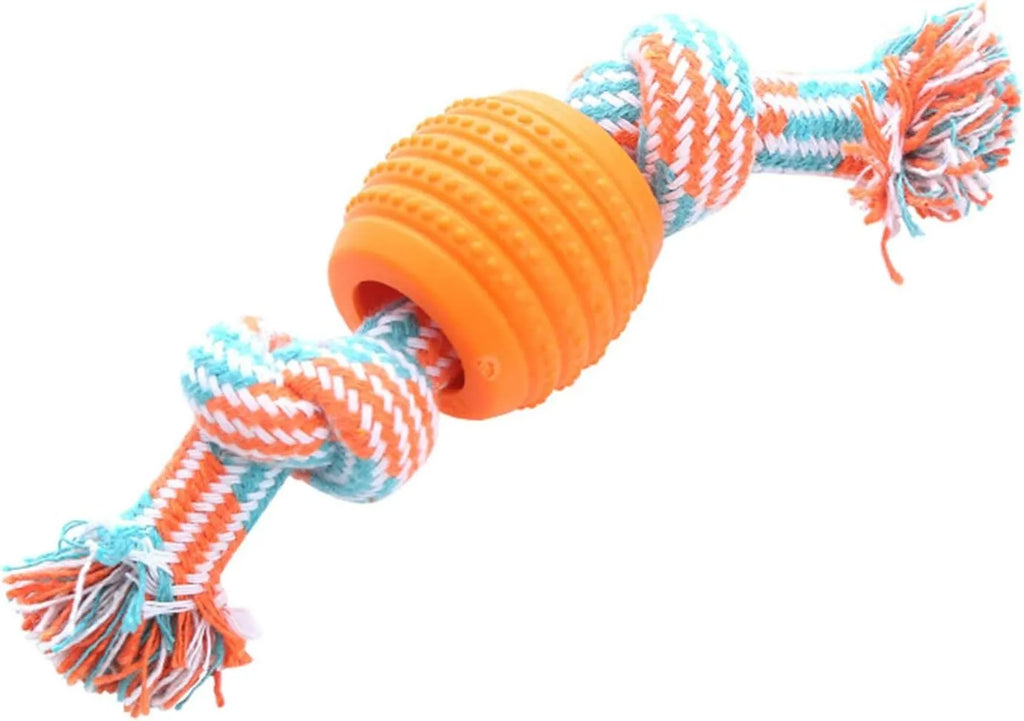 Blue soft dog chew toy with integrated rope for dental care and oral health.