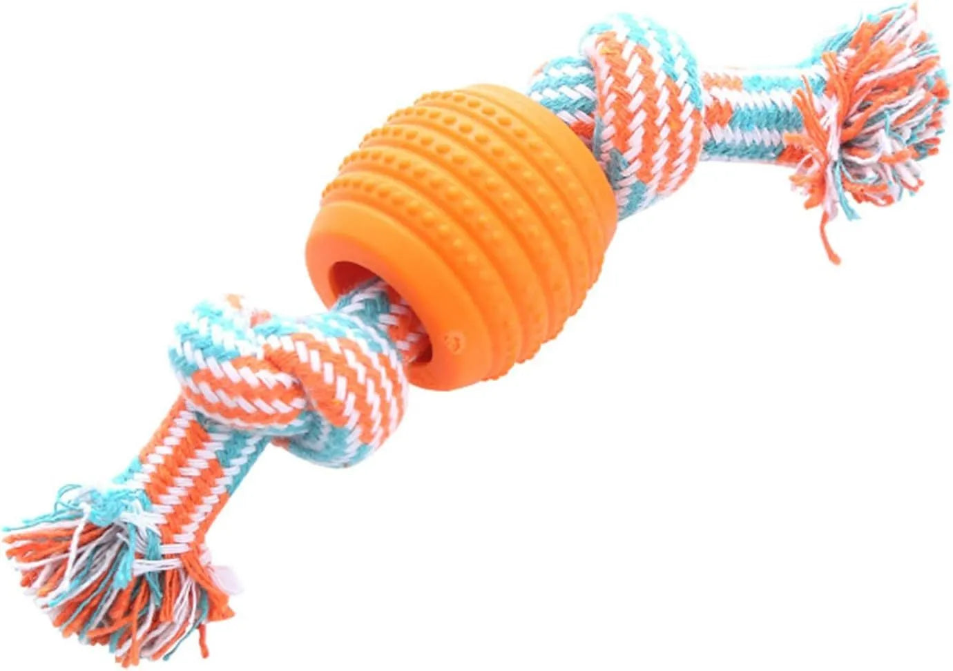 Blue soft dog chew toy with integrated rope for dental care and oral health.