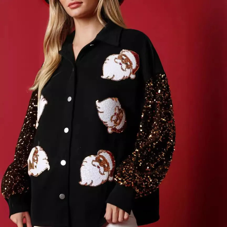 Women's black fleece shirt with Santa Claus pattern, sequined sleeves, and button front, sizes S-XXL