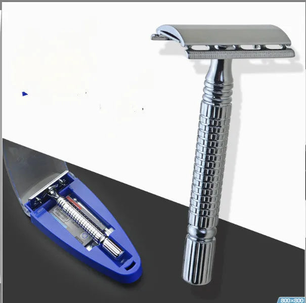 Double edged safety razor and blade in a storage box, a traditional wet shaving kit.