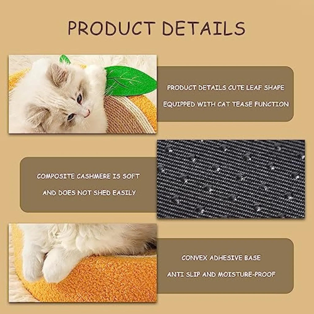 Yellow fruit-themed round sisal cat scratching board and bed for small breeds.