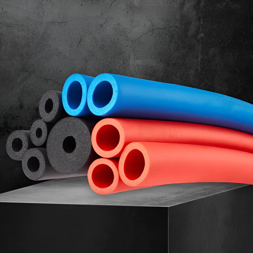 Self-adhesive rubber and plastic foam pipe insulation tube on a coil of pipe.