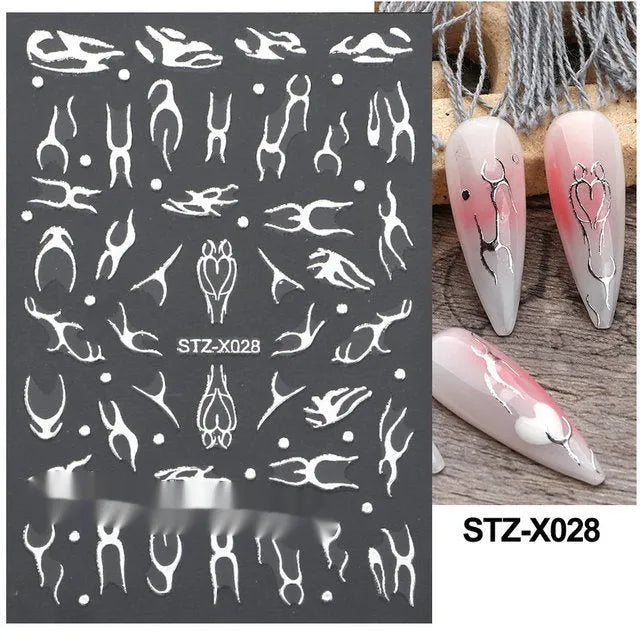 Black and silver striped cartoon pattern nail stickers with plastic application tool