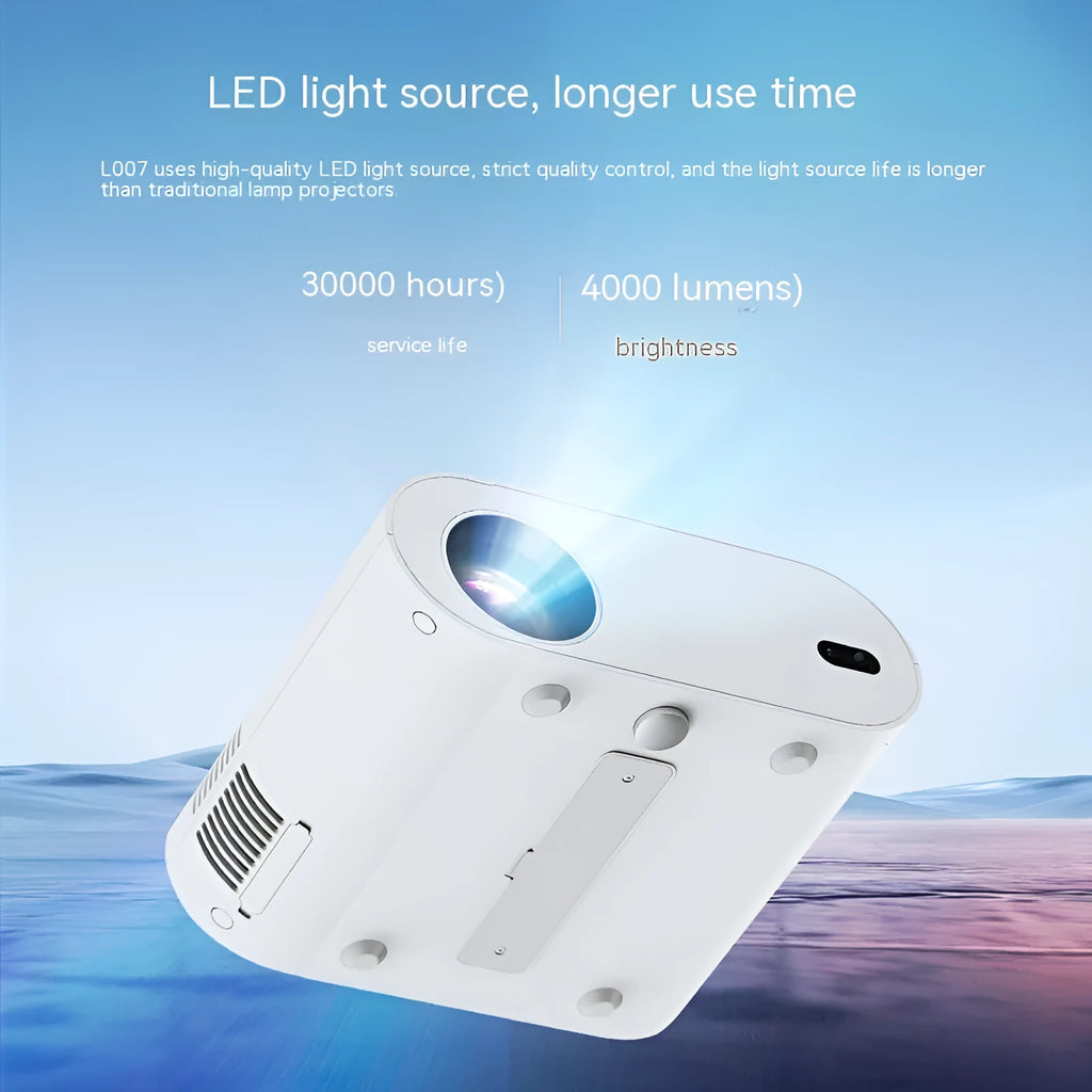 White T07 full HD smart projector with remote control showing 1080p resolution and 320 ANSI lumen brightness