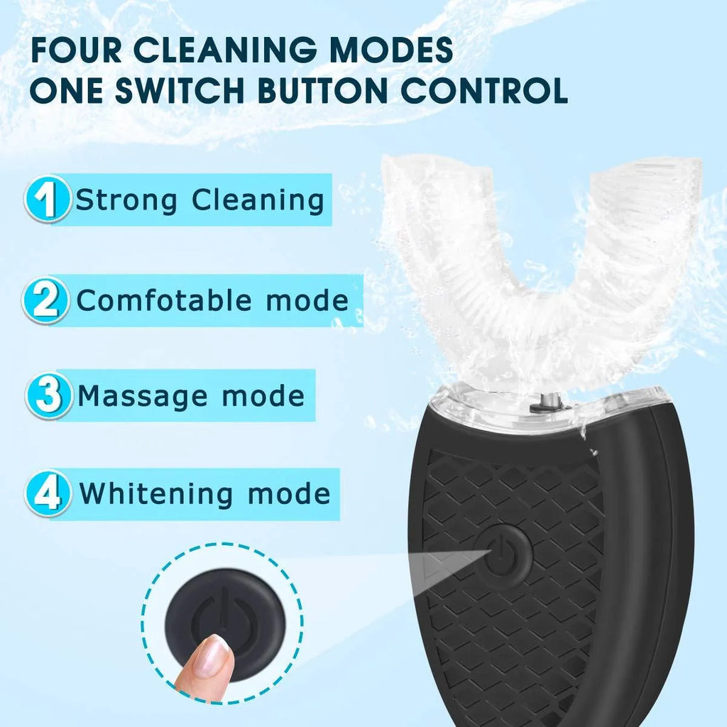 U-shaped electric toothbrush with ABS silicone construction, IPX7 waterproof, and USB rechargeable battery