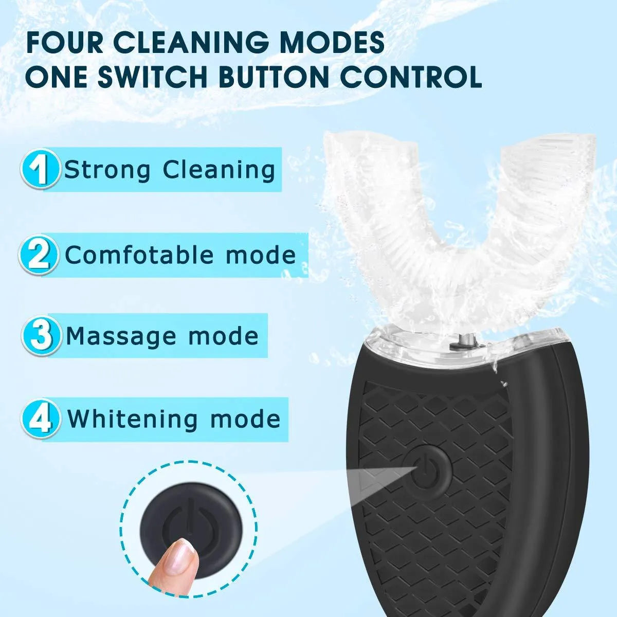 U-shaped electric toothbrush with ABS silicone construction, IPX7 waterproof, and USB rechargeable battery