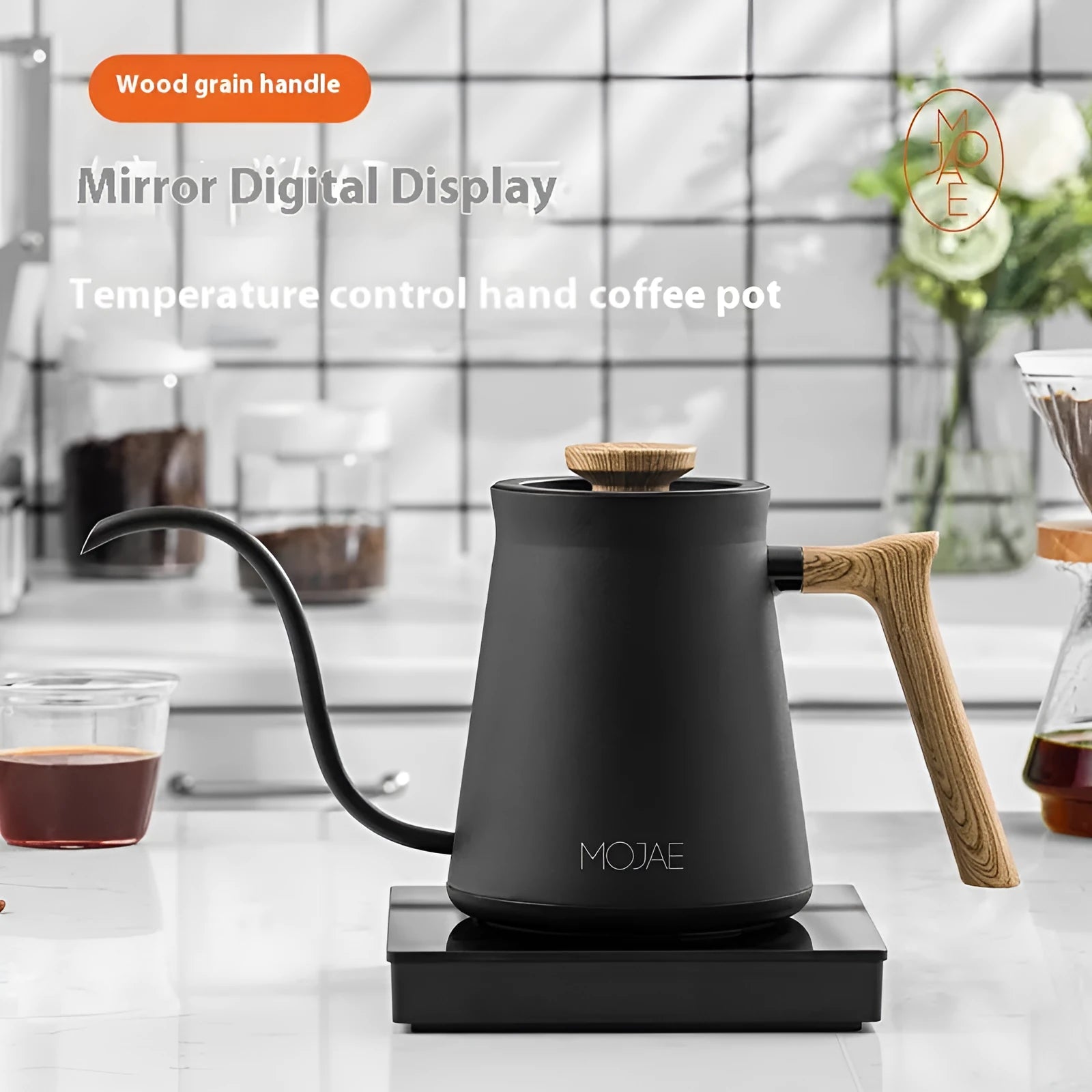 Intelligent temperature controlled hand brew coffee pot in matte black with UK plug and retro design