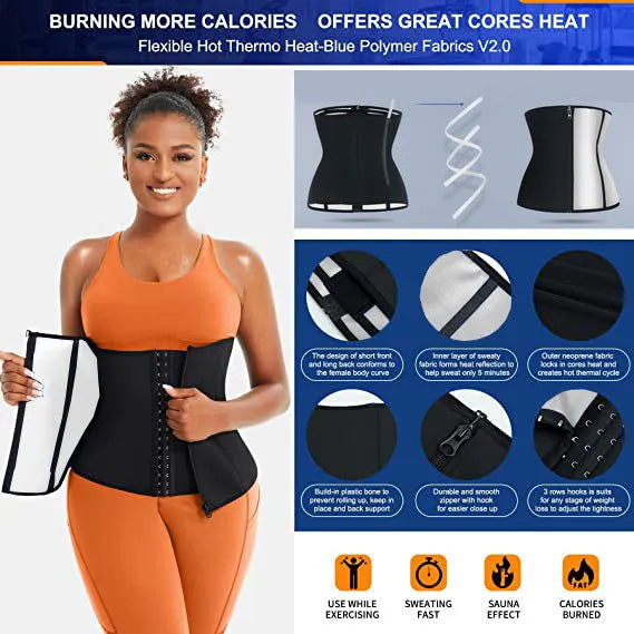Adjustable neoprene sports belly belt for abdominal support in blue or silver, showing sizing options.