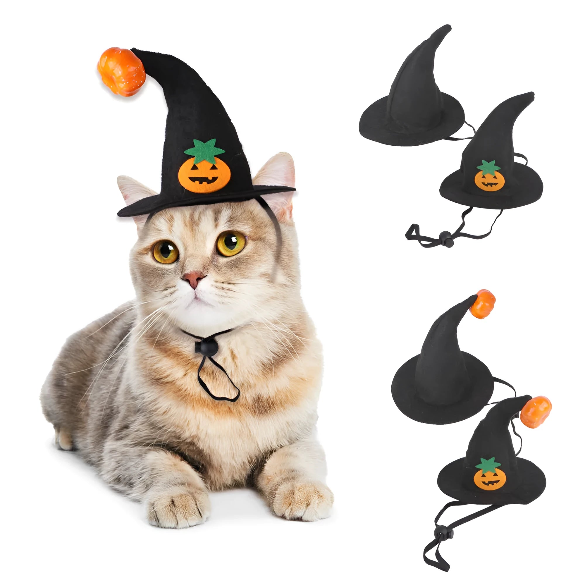 Pet cat wearing cloth Halloween pumpkin hat with embossed design details in free-size fit