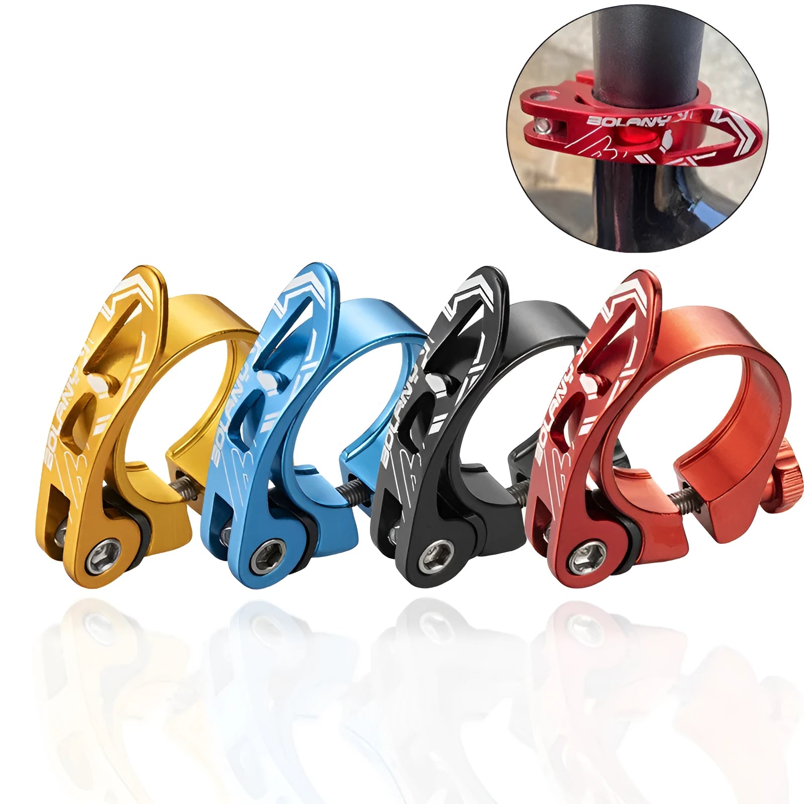 Aluminium mountain bicycle seat post clamp in black, blue, gold, or red colour options.