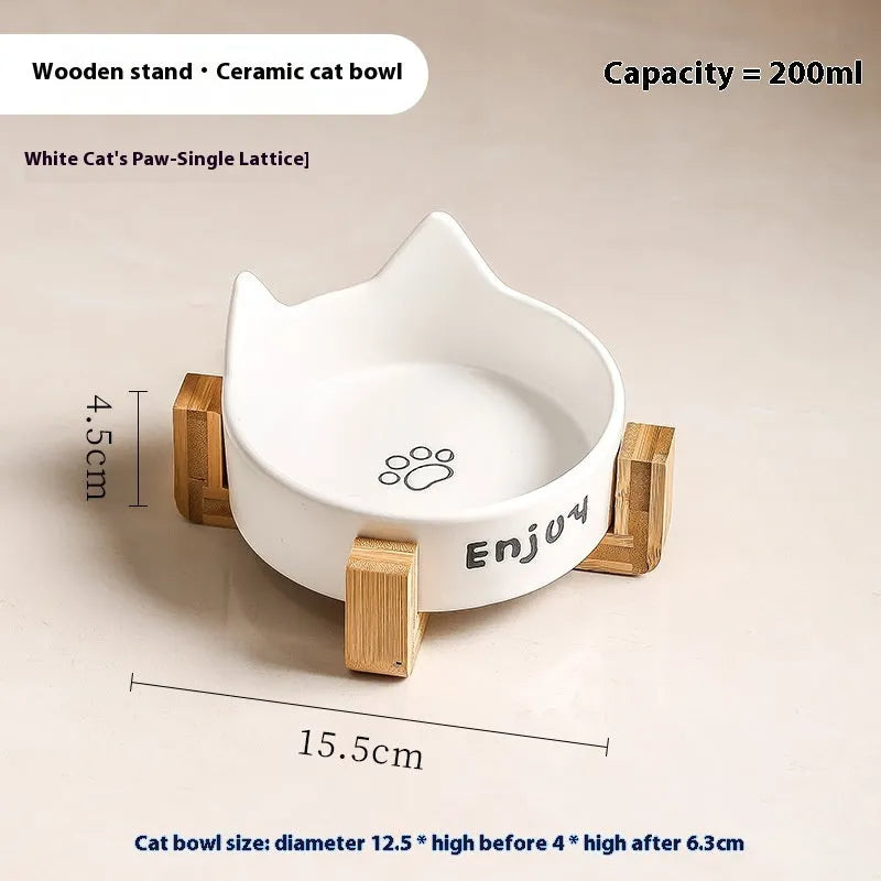 Ceramic cat bowl set with wooden anti-slip frame in cat paw design