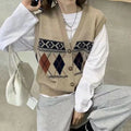 Loose sleeveless cardigan top in diamond plaid pattern, shown in khaki colour.