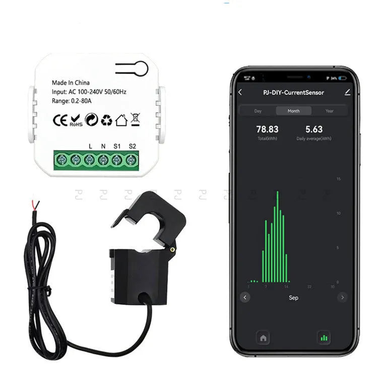 Graffiti WiFi smart meter with current transformer clamp for real-time energy monitoring in home electrical panel
