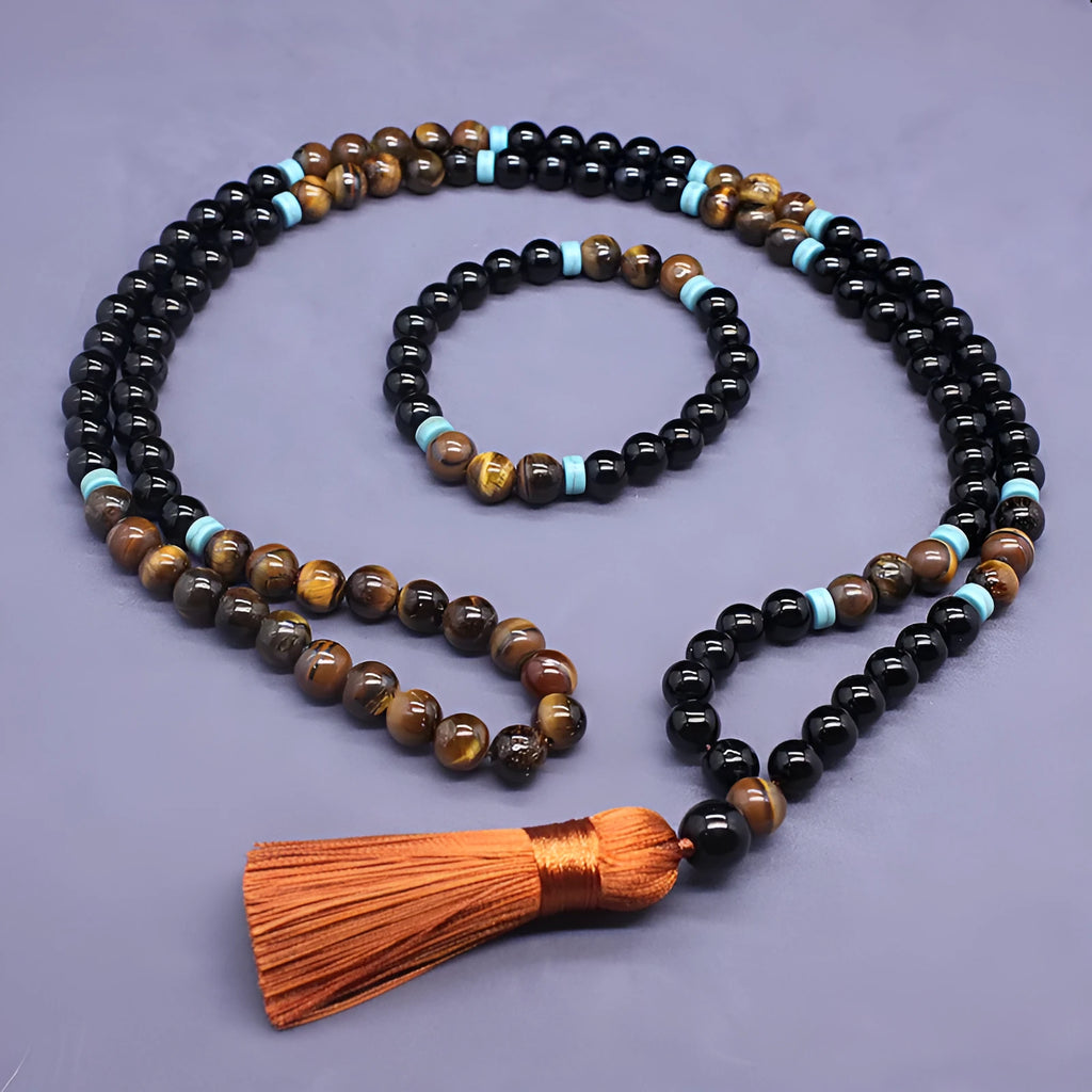 Natural agate bracelet and tiger eye stone necklace with geometric beads