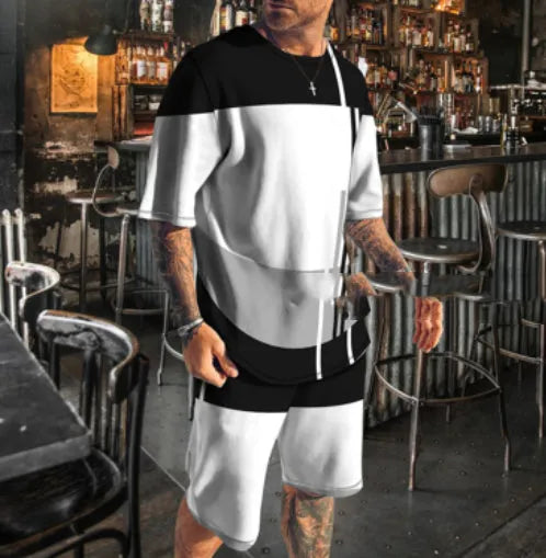 Men's casual beach style 3D digital print shorts set with T-shirt and shorts in TZ-001, 85% polyester, size S to 8XL