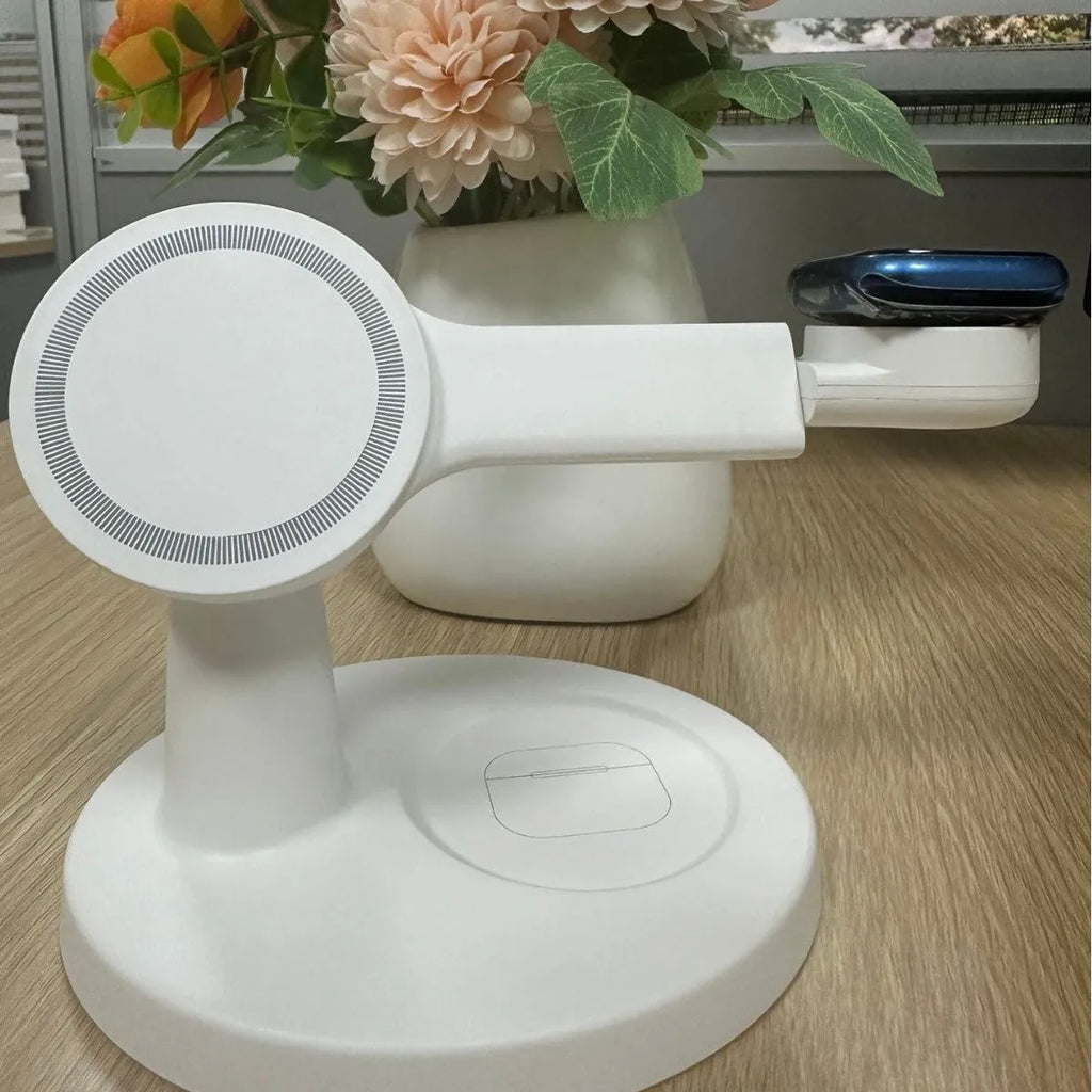 Magnetic wireless charger 15W desktop bracket for phone, headset, and watch in black or white