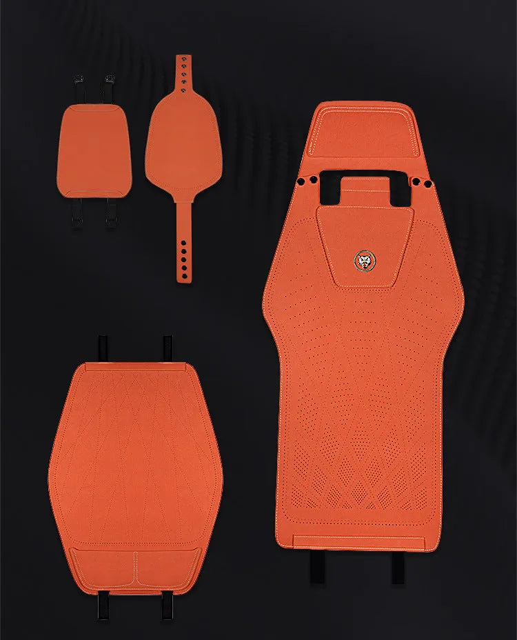 Ultra-thin genuine fur car seat cover in Hermes Orange colour with gradient hole pattern.