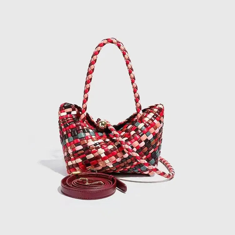 Women's casual woven shoulder bag in PU leather, showing textured hand-woven detail.