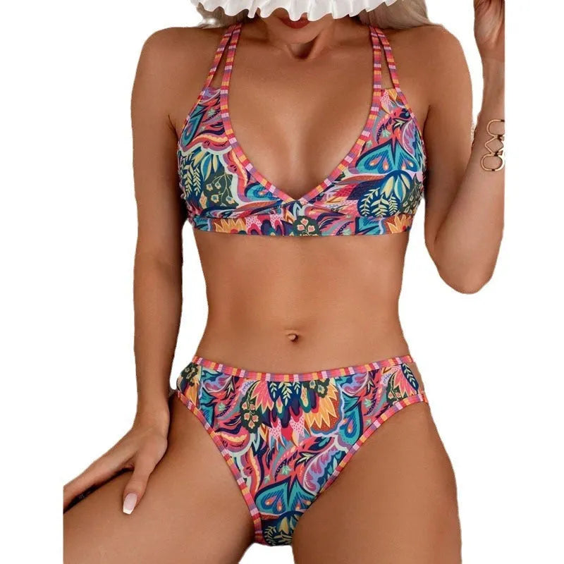 Women's printed halter neck swimsuit top and trousers in mixed colours