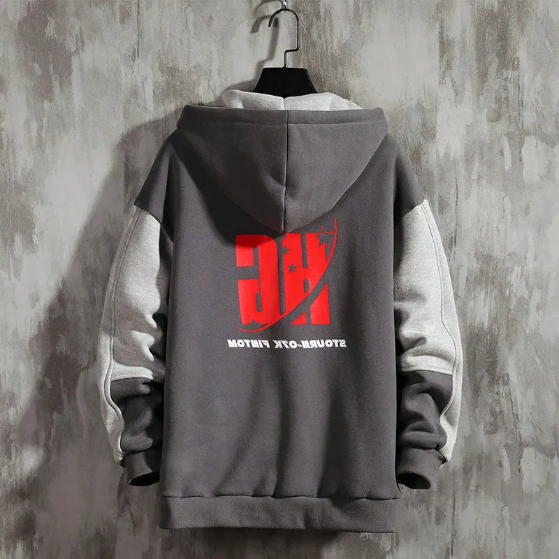 Men's Korean style fleece pullover hoodie in black with a hood and long sleeves