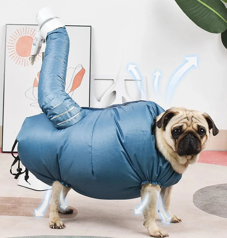 Blue automatic dog drying bag made from high-density Oxford cloth with silver-plated film lining, suitable for small to large dogs