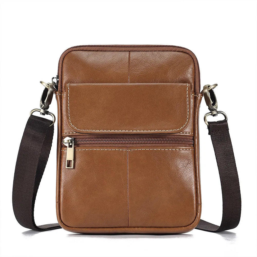 Men's brown genuine leather crossbody shoulder bag with detailed sewing lines