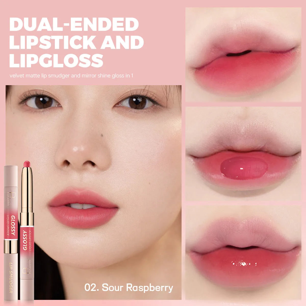 Double-headed lipstick with matte finish showing ten colour options from 01 to 10