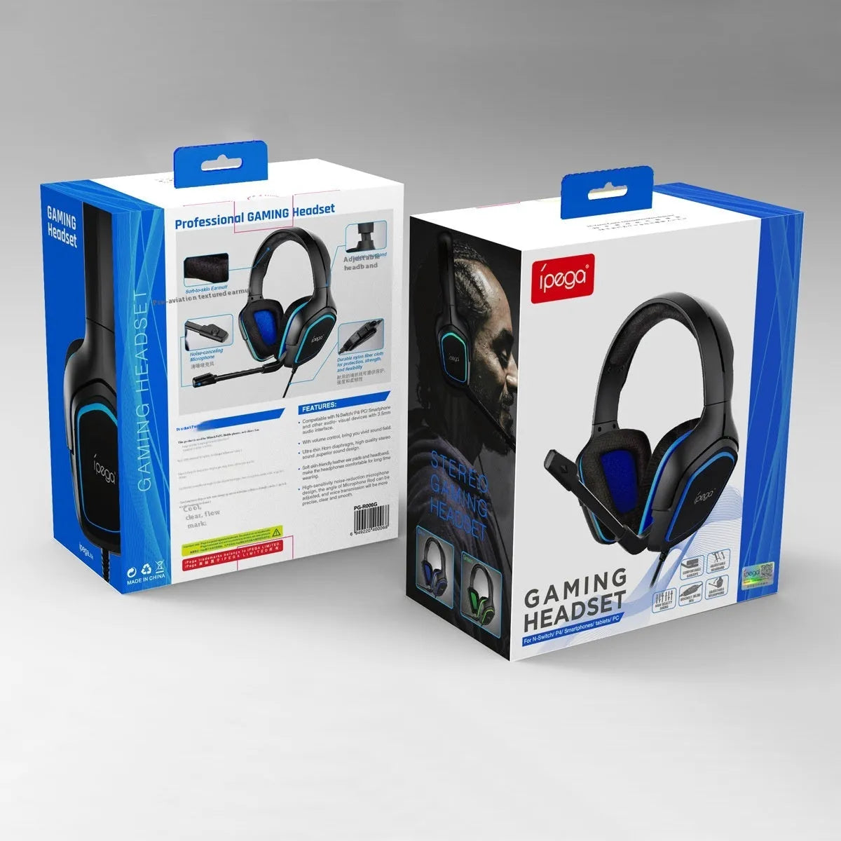 Computer gaming headset with microphone wired 3.5mm 40mm driver blue colour on desk
