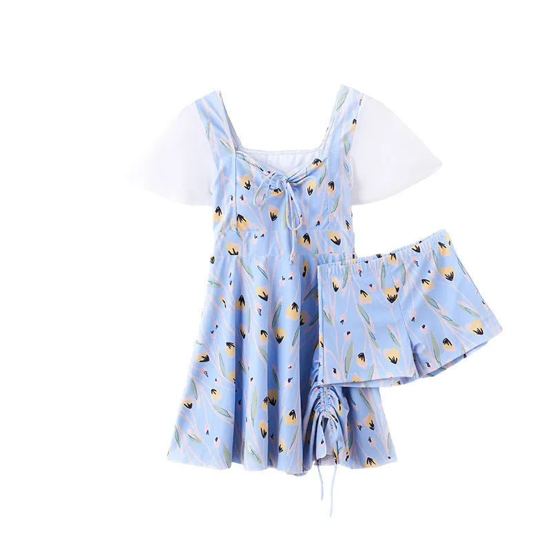 Sea salt blue floral pattern women's one-piece swimsuit on a hanger