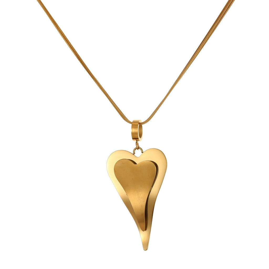 Stainless steel women's necklace with geometric double heart pendant on snake bones chain