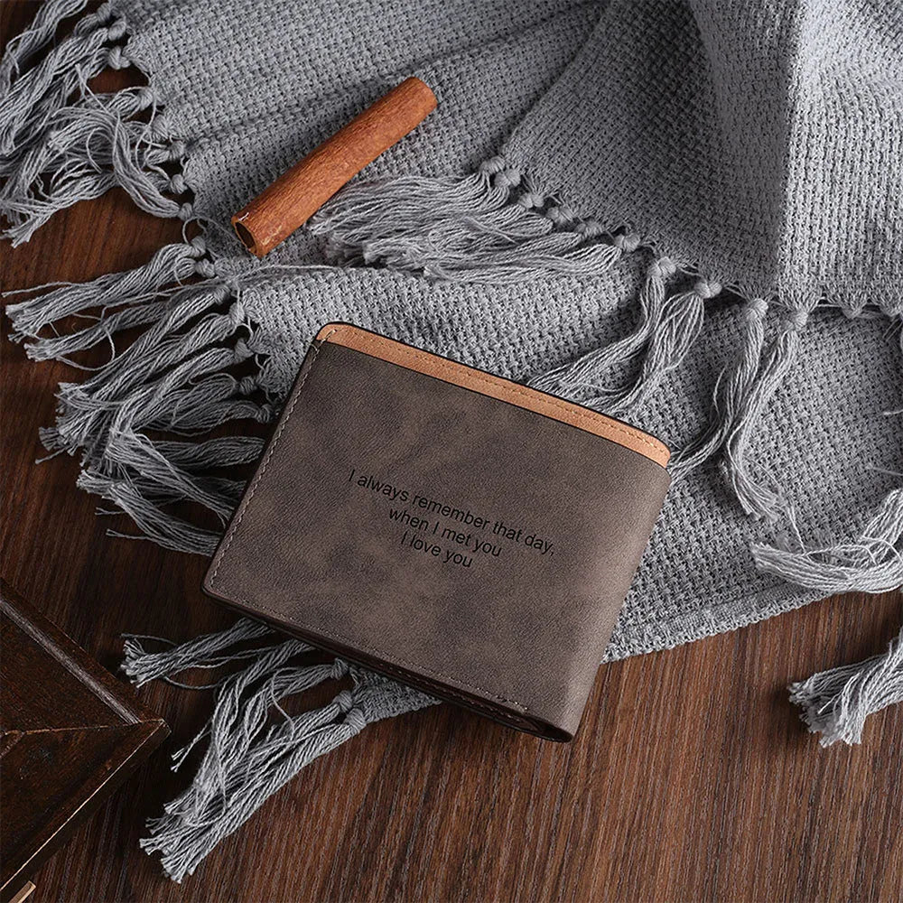 Coffee coloured horizontal short wallet with custom photo engraving and text personalisation.