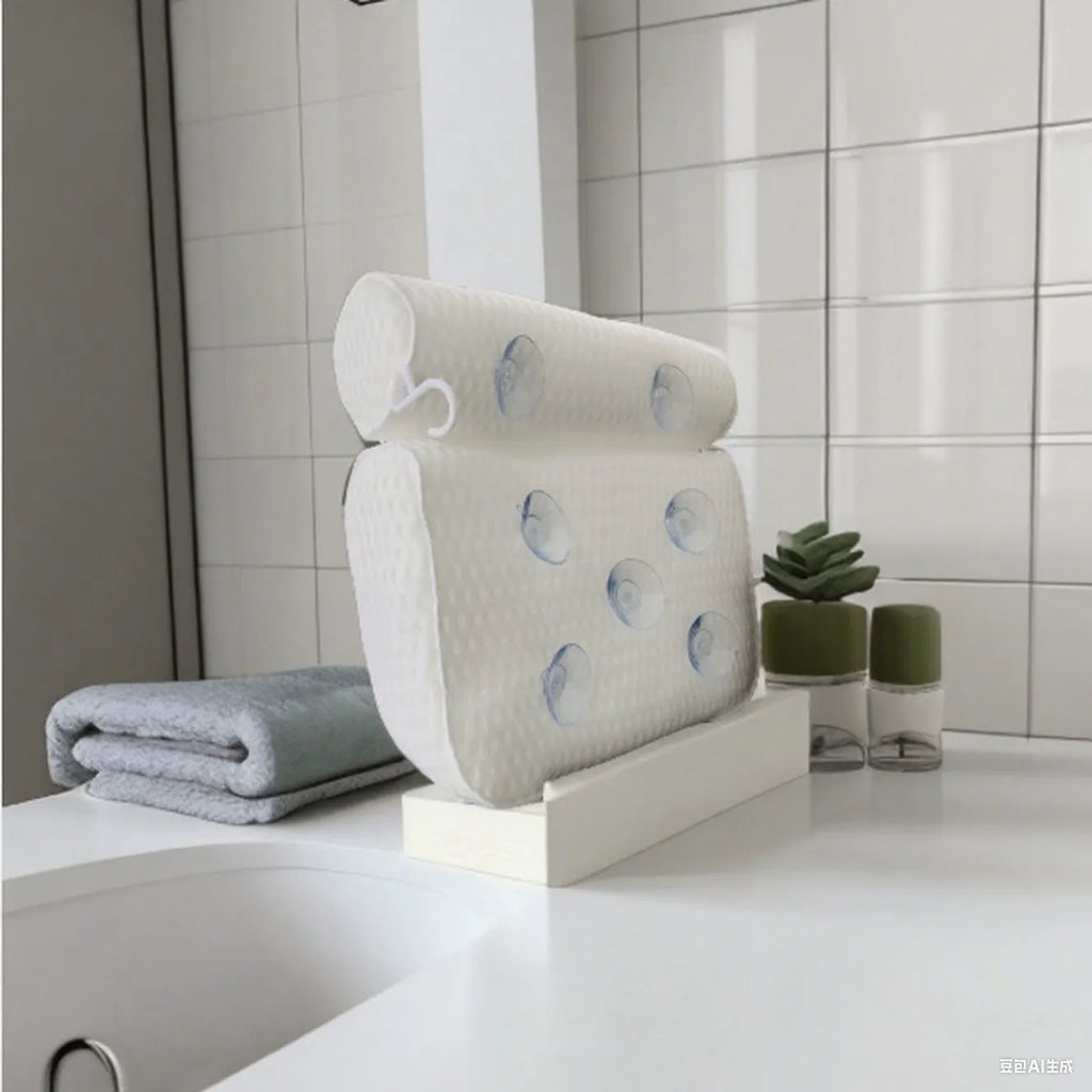 White bathtub pillow with 4D mesh fabric and seven suction cups on a bathtub.