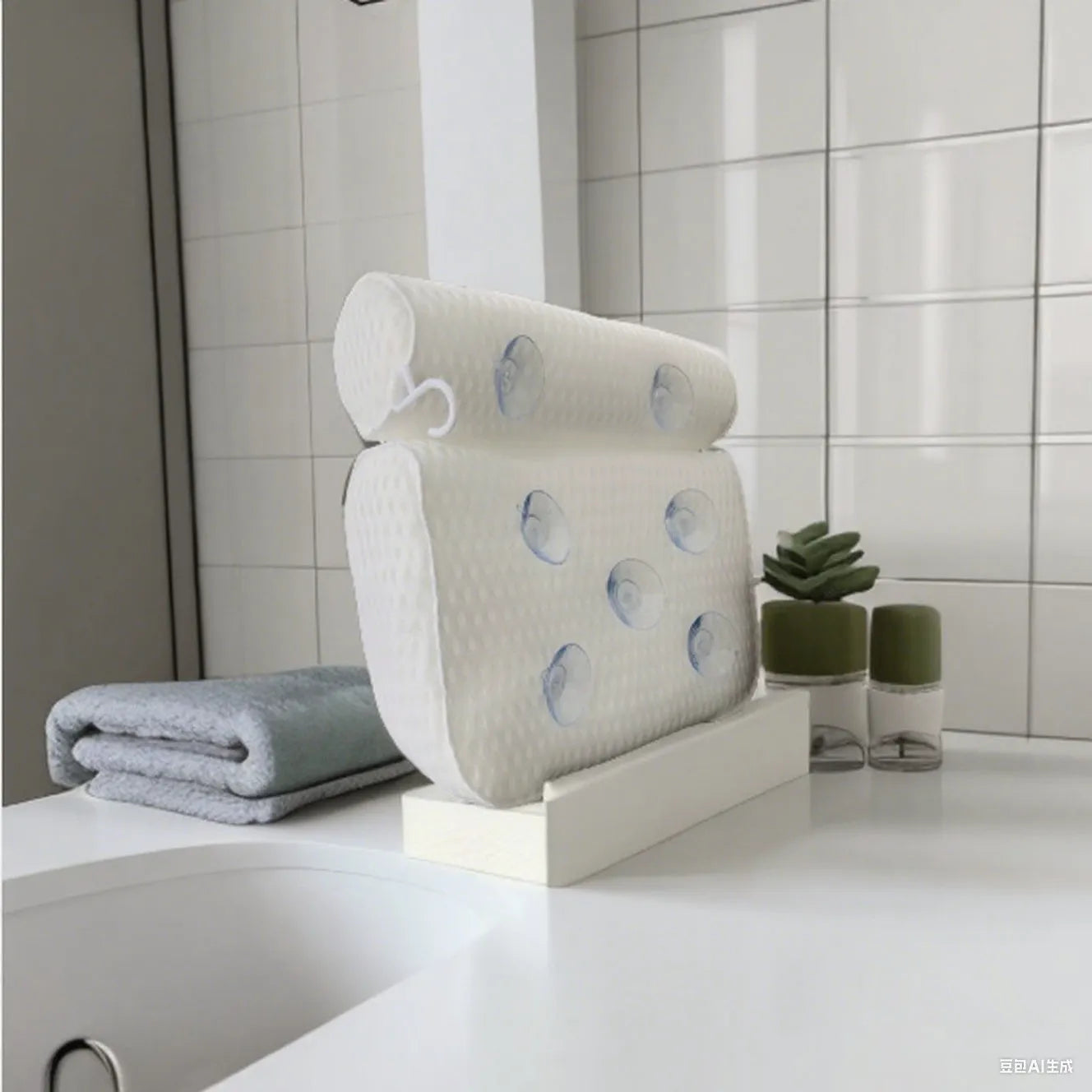 White bathtub pillow with 4D mesh fabric and seven suction cups on a bathtub.
