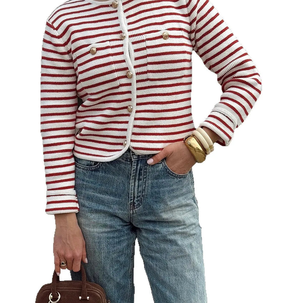 Red and white striped long sleeve button-down shirt in polyester, sizes S to XL