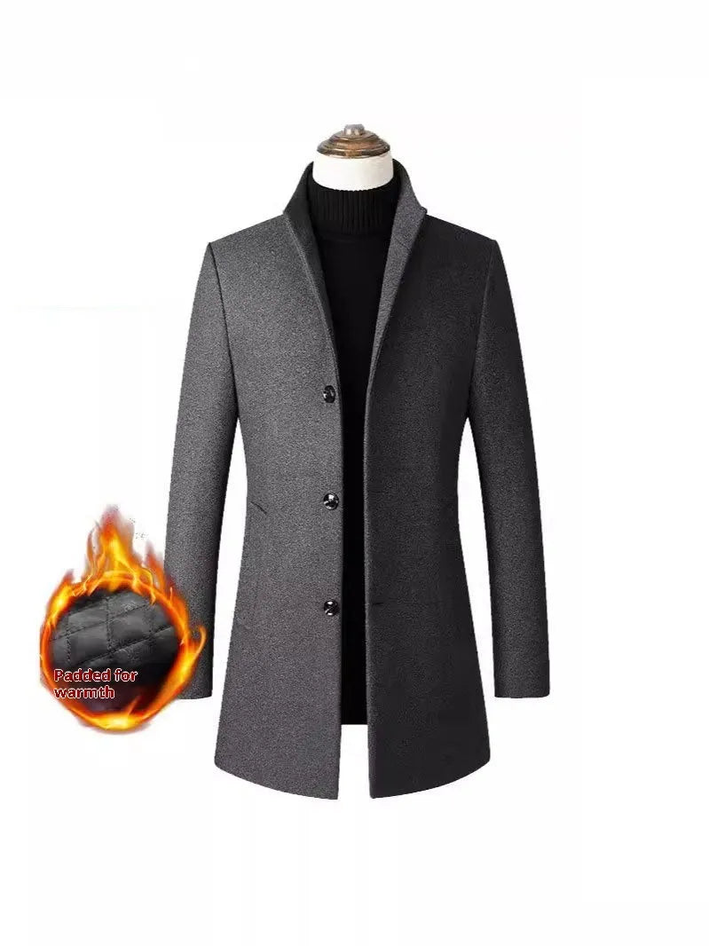 Men's single-breasted stand collar coat in solid colour with side pockets, wool-blend fabric, available in multiple colours and sizes