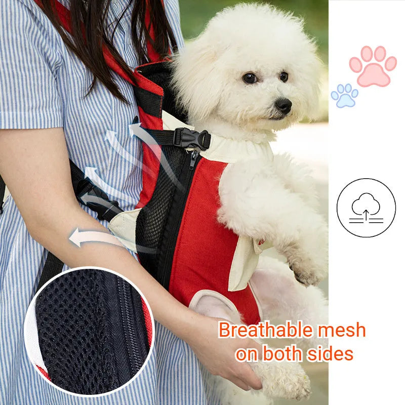 Front-facing pet carrier sling bag with breathable mesh and adjustable shoulder strap.