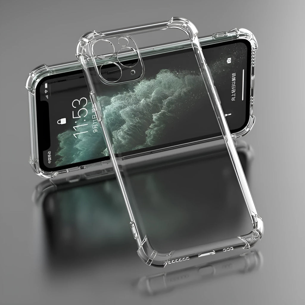 Clear transparent TPU shockproof phone case for Apple iPhone models on a white background.