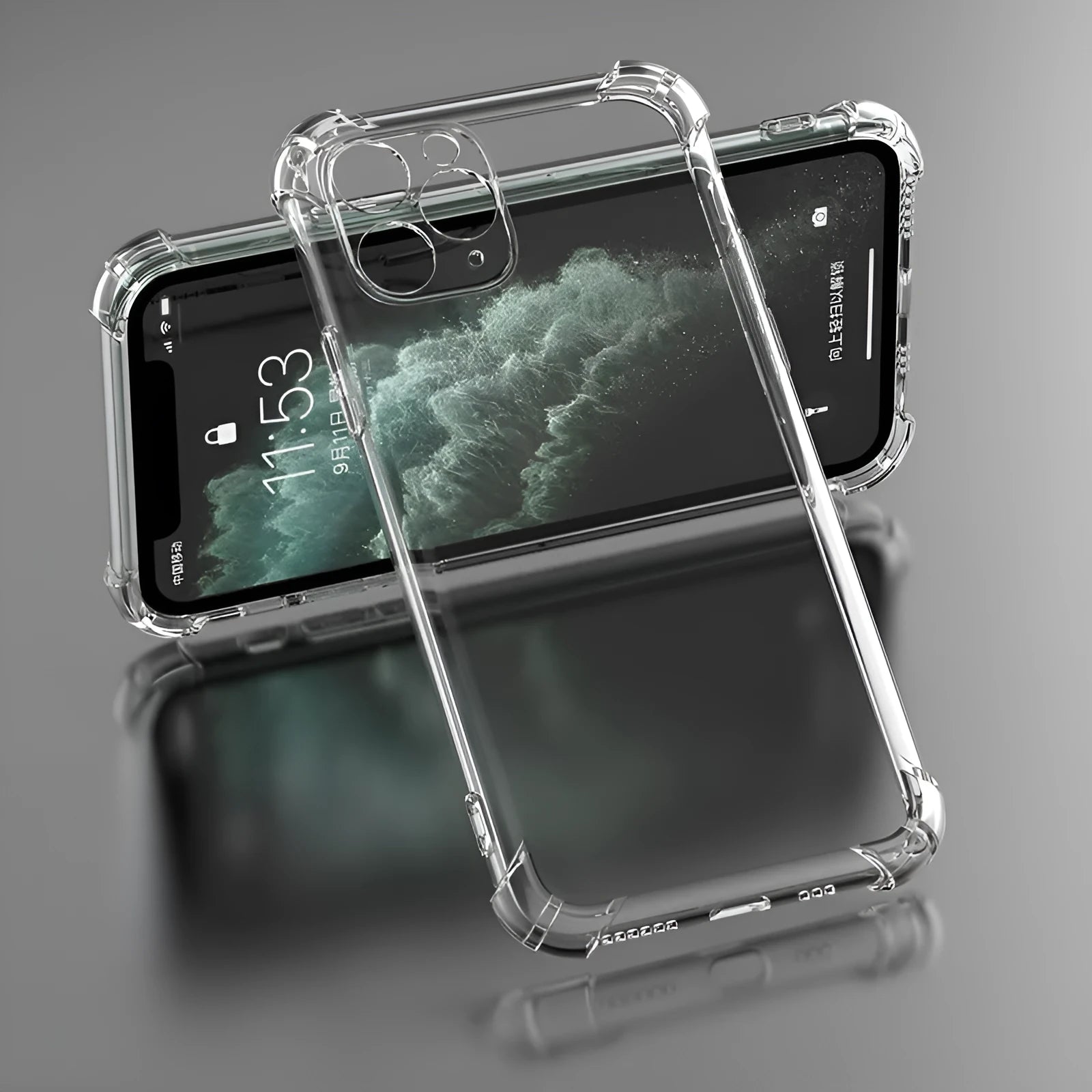 Clear transparent TPU shockproof phone case for Apple iPhone models on a white background.
