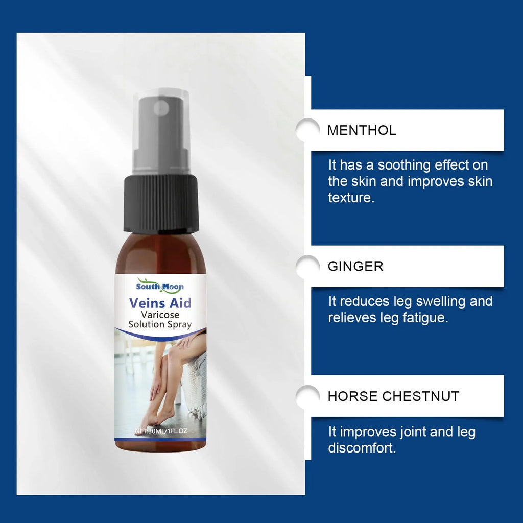 30ml bottle of leg care spray with menthol, ginger, and horse chestnut extracts