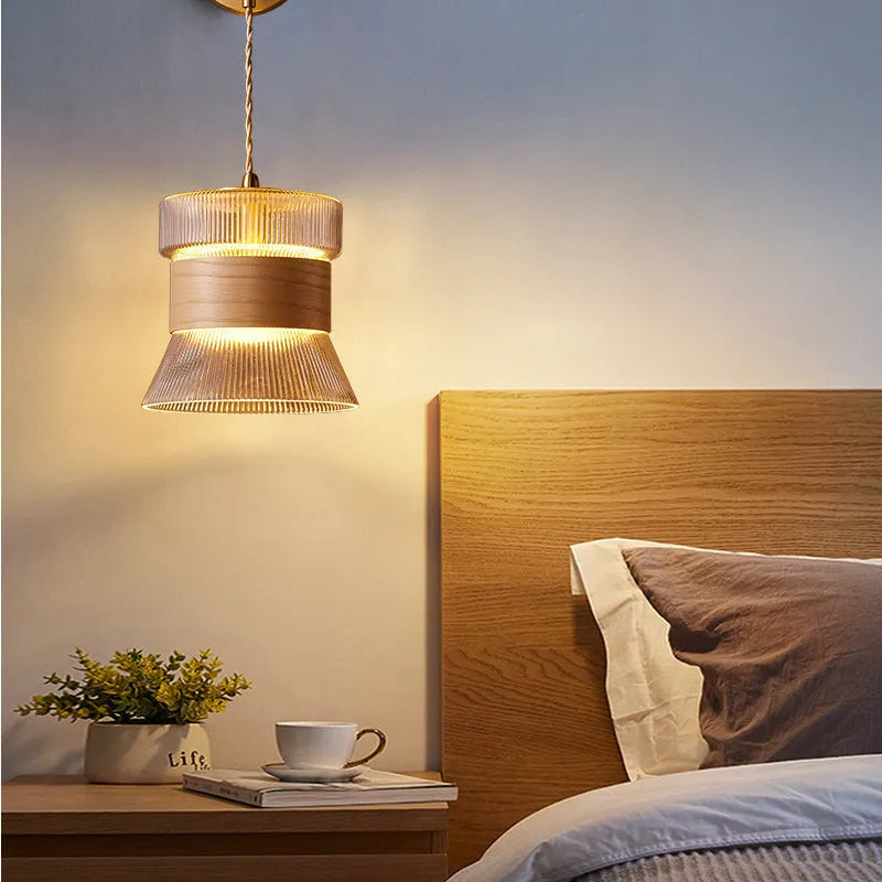 Japanese style walnut wall lamp with glass shade and LED light source, 110-220V, Type B